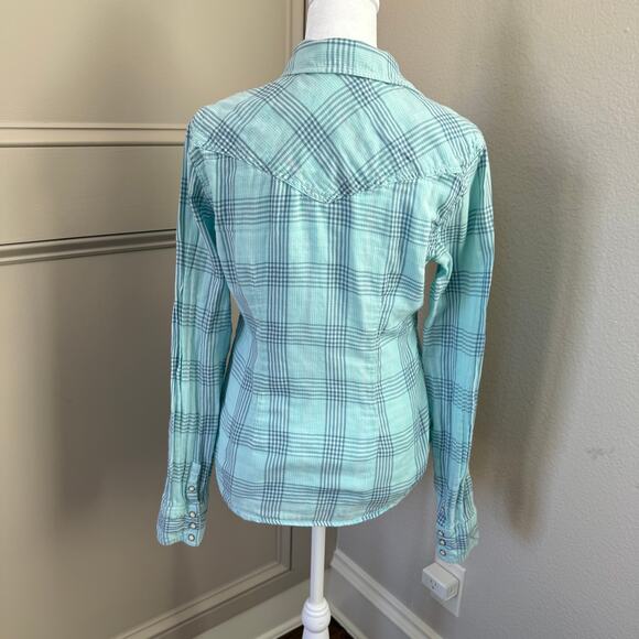 American Eagle Pearl Snap Plaid Shirt Navy Aqua Long Sleeve Size 2 Y2K Grunge - Picture 5 of 8